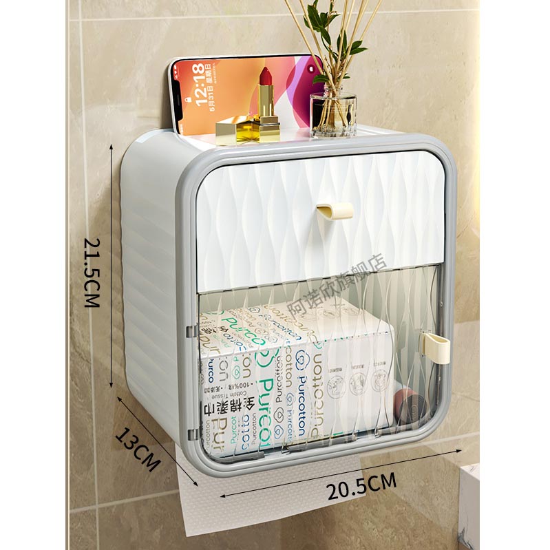 Hộp đựng giấy vệ sinh 2 tầng dán tường chất liệu PP cao cấp chống nước có ngăn kéo để đồ và kệ để điện thoại