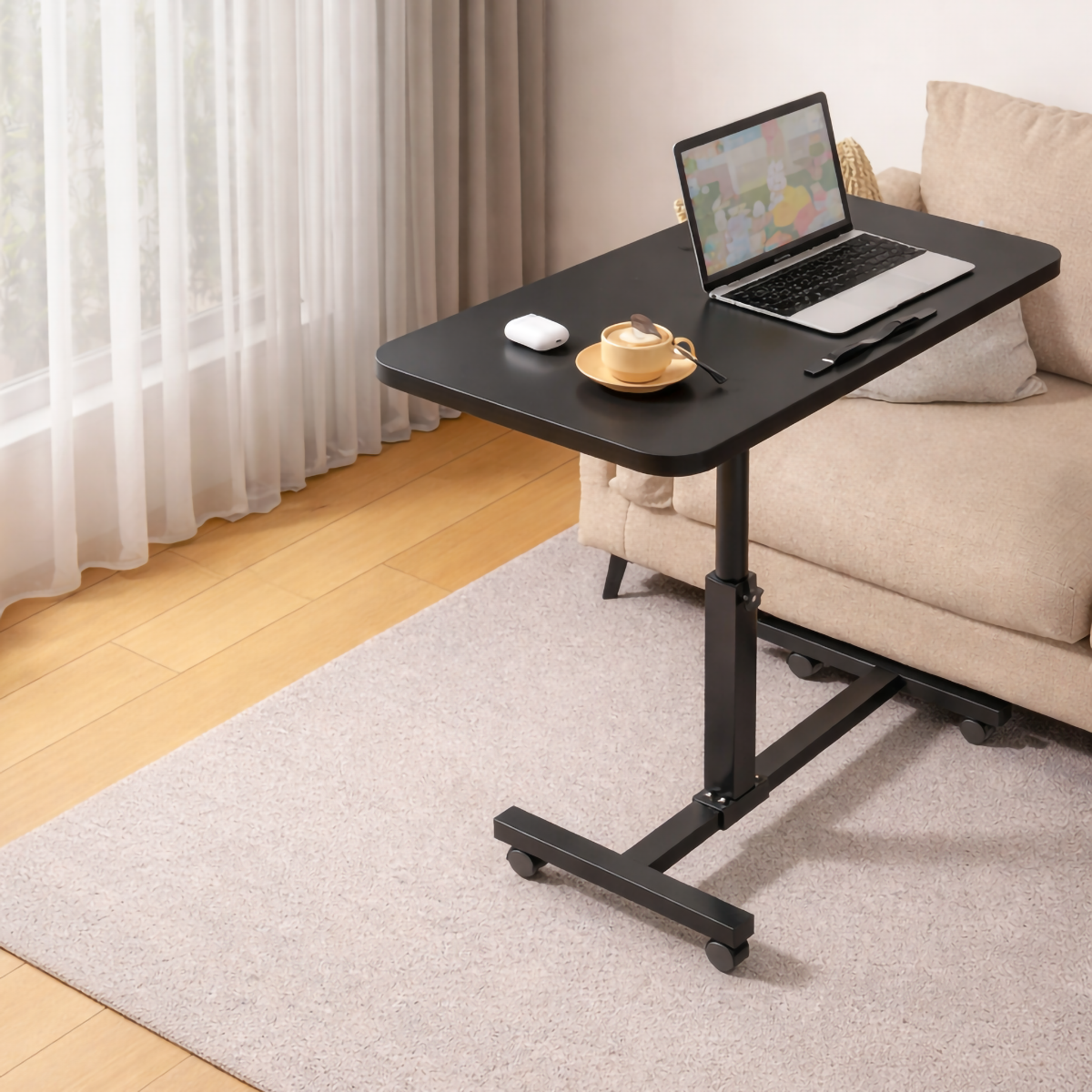 Bàn làm việc di động có bánh xe điều chỉnh độ cao khung thép mặt gỗ mdf