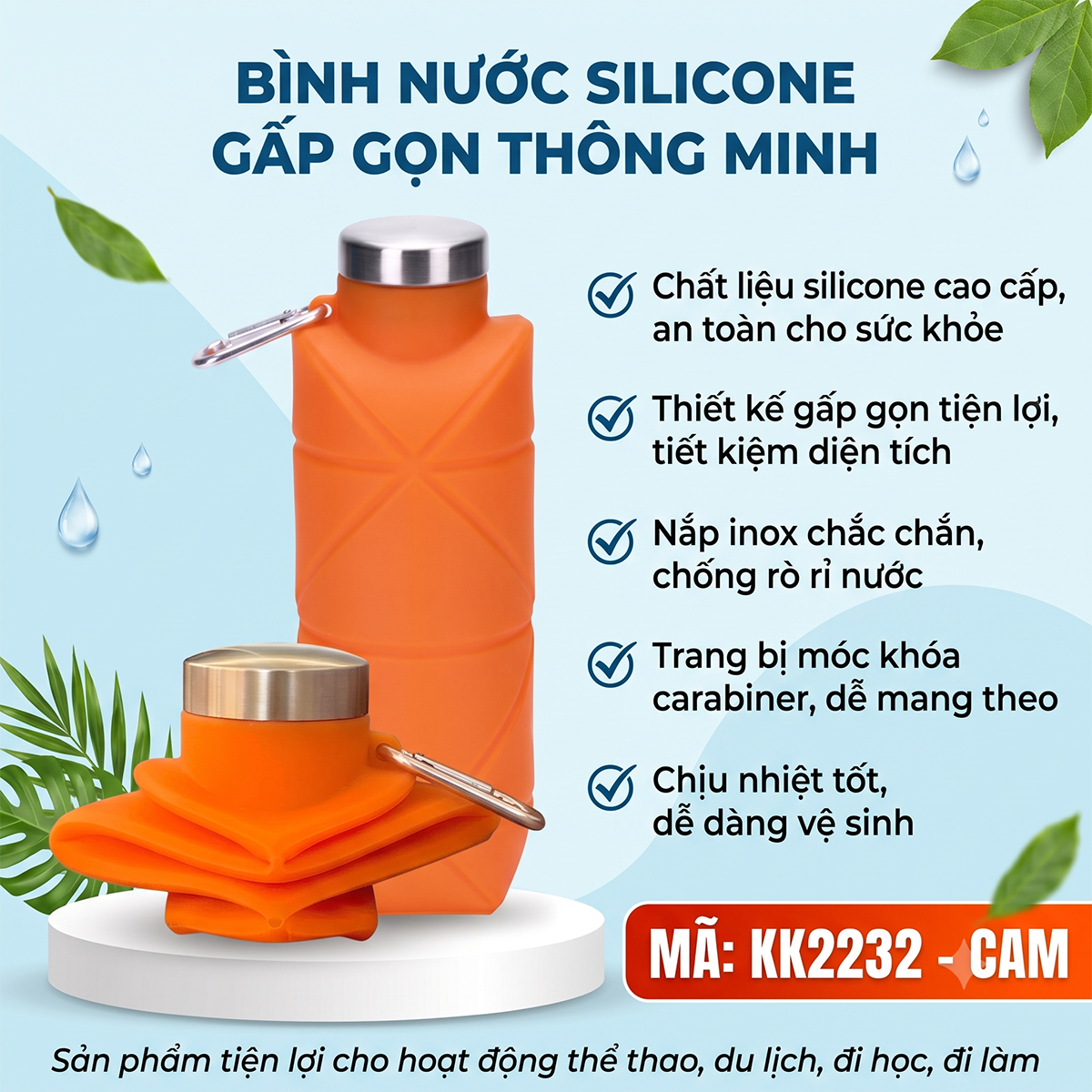 Bình Nước Silicon Gấp Gọn Cao Cấp Họa Tiết Kim Cương - Kèm Móc Khóa Tiện Lợi