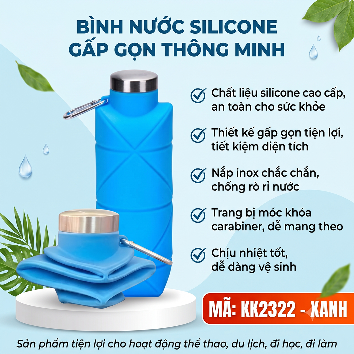 Bình Nước Silicon Gấp Gọn Cao Cấp Họa Tiết Kim Cương - Kèm Móc Khóa Tiện Lợi