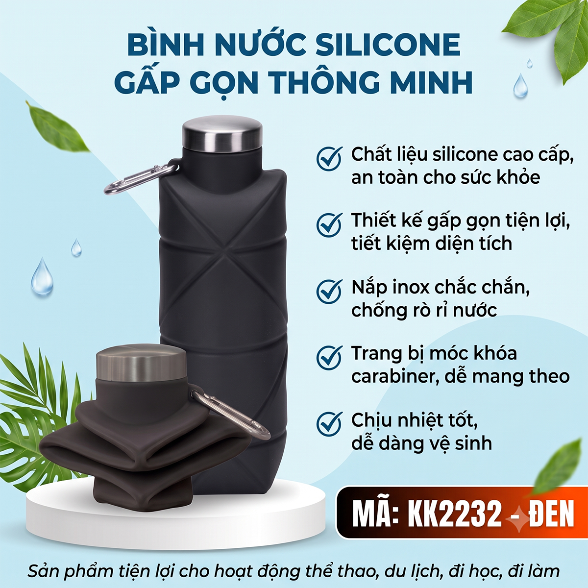 Bình Nước Silicon Gấp Gọn Cao Cấp Họa Tiết Kim Cương - Kèm Móc Khóa Tiện Lợi