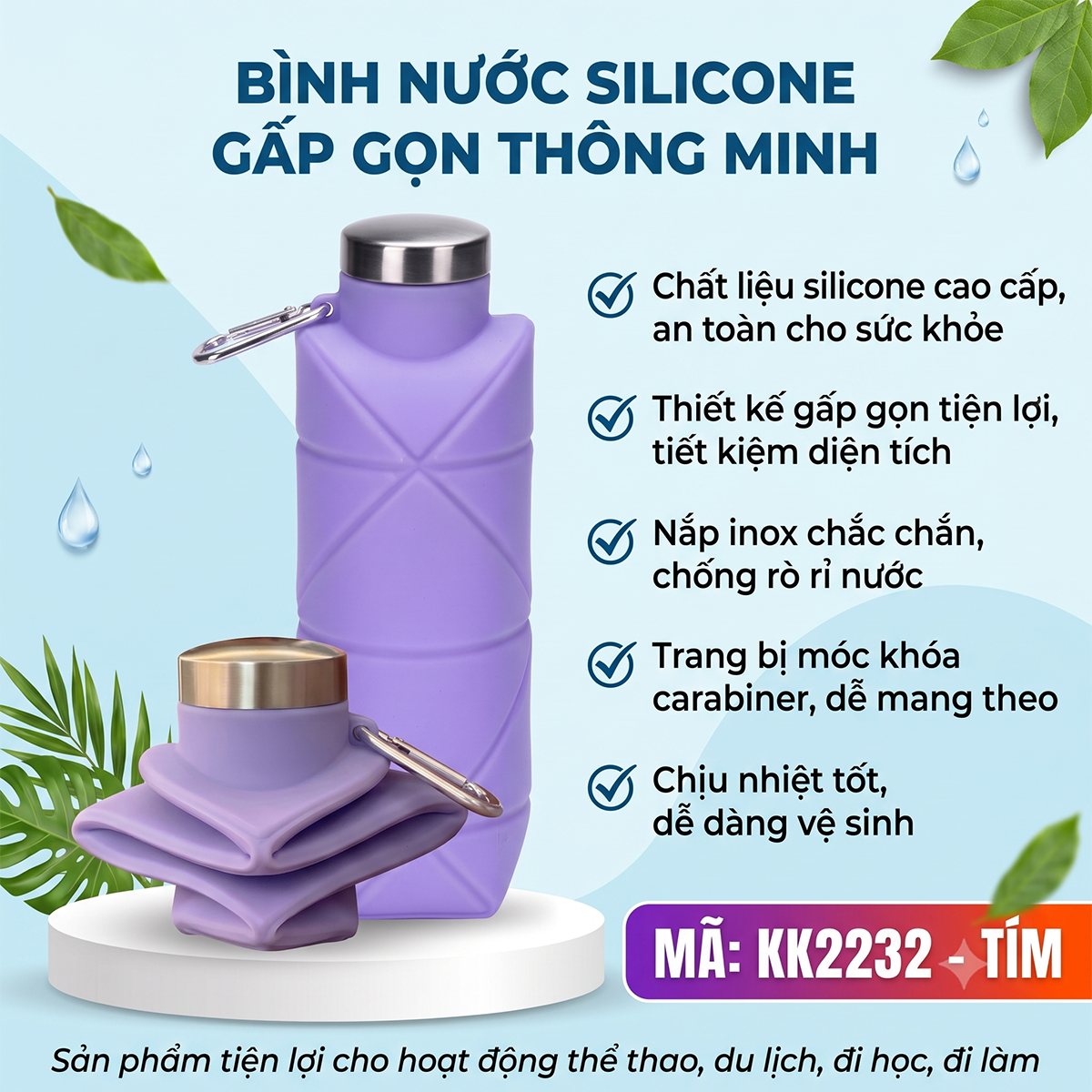 Bình Nước Silicon Gấp Gọn Cao Cấp Họa Tiết Kim Cương - Kèm Móc Khóa Tiện Lợi